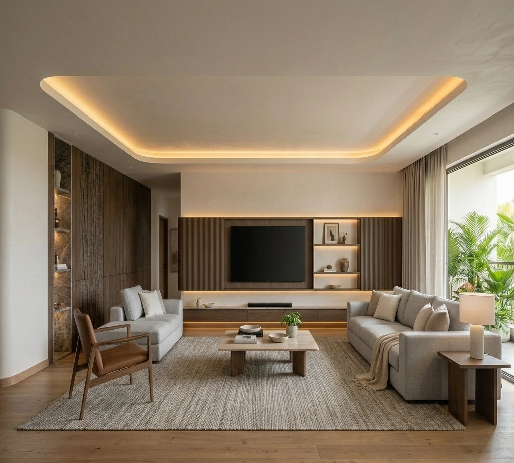 Luxury living room interior design in Coimbatore apartment with custom TV unit