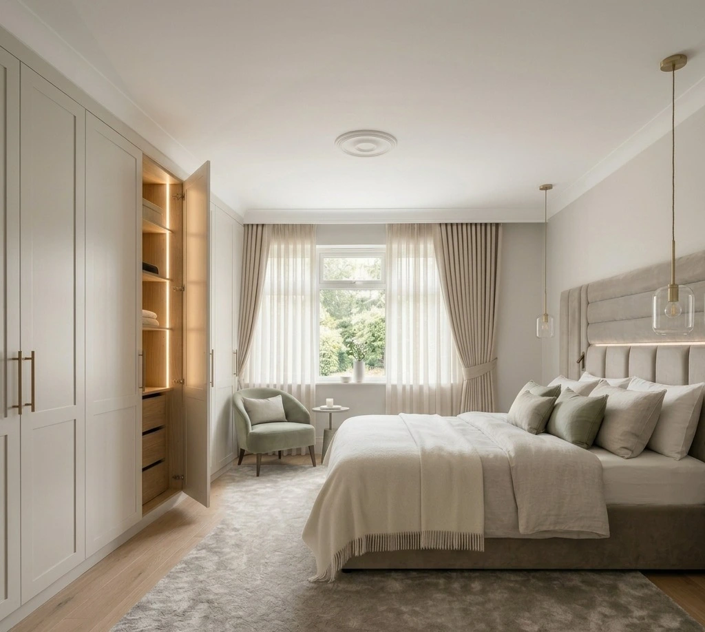 Luxury bedroom interior design in Coimbatore apartment with custom headboard and wardrobes