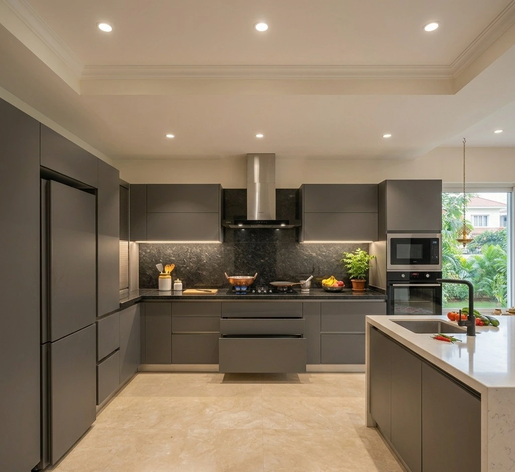 Luxury modular kitchen design in Coimbatore apartment with quartz countertop
