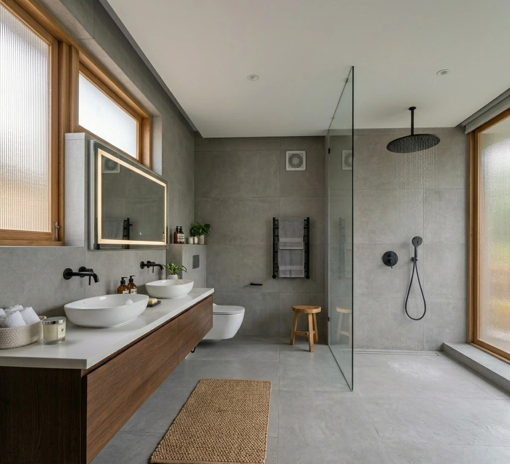 Luxury bathroom interior in Coimbatore apartment with large format tiles and rain shower