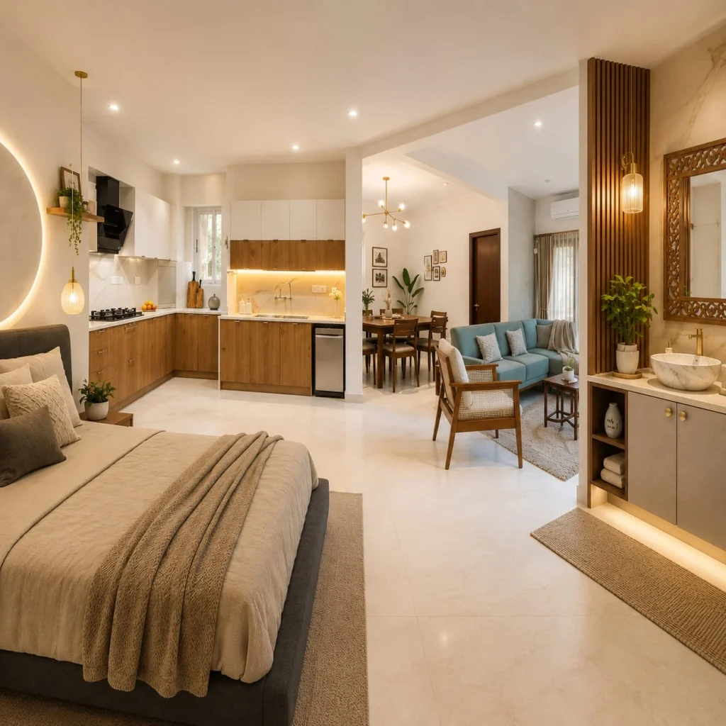Contemporary living and dining room interior with large glass windows, wooden furniture, natural lighting, and garden views.