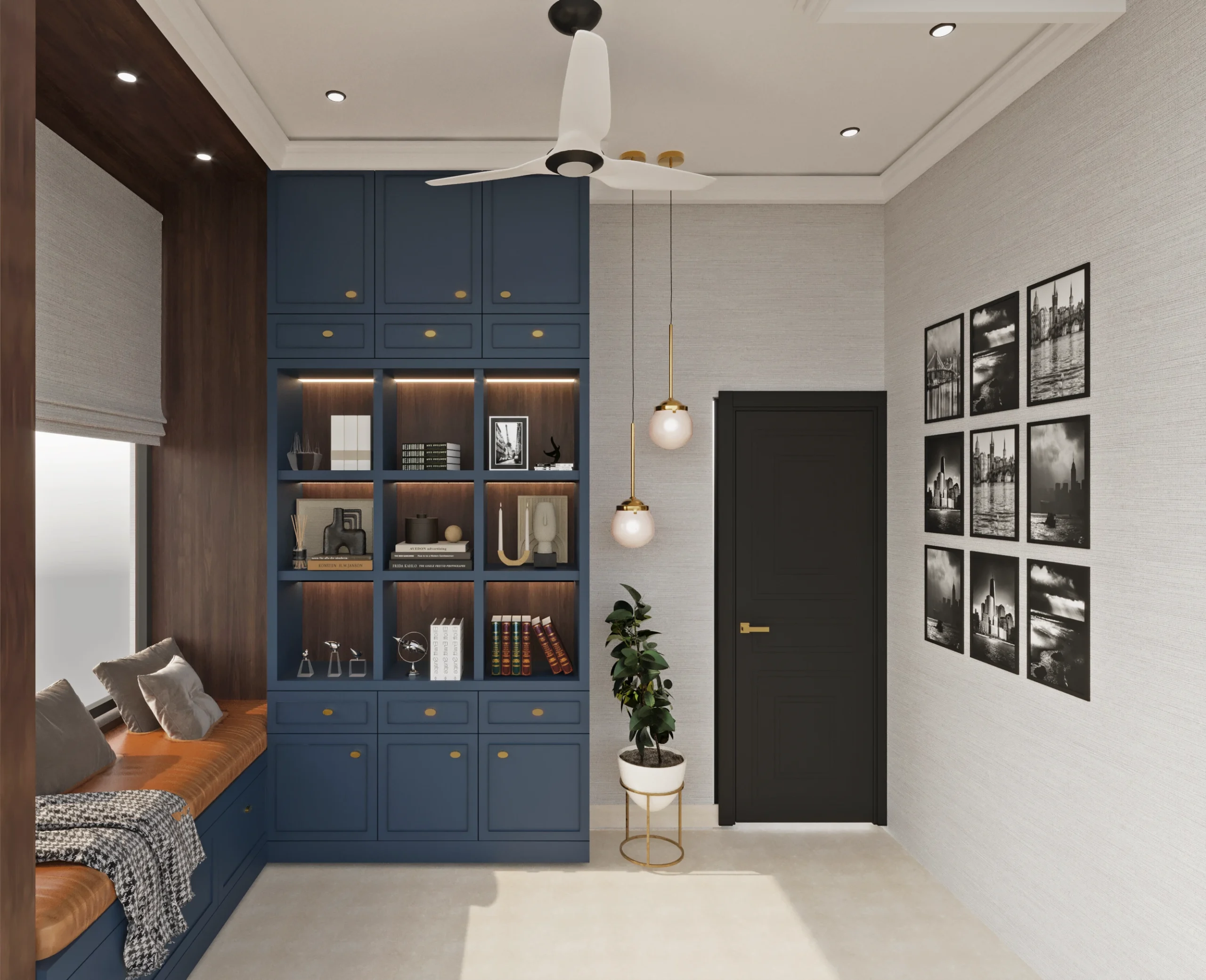 Home Office Interior Design with Custom Bookshelf