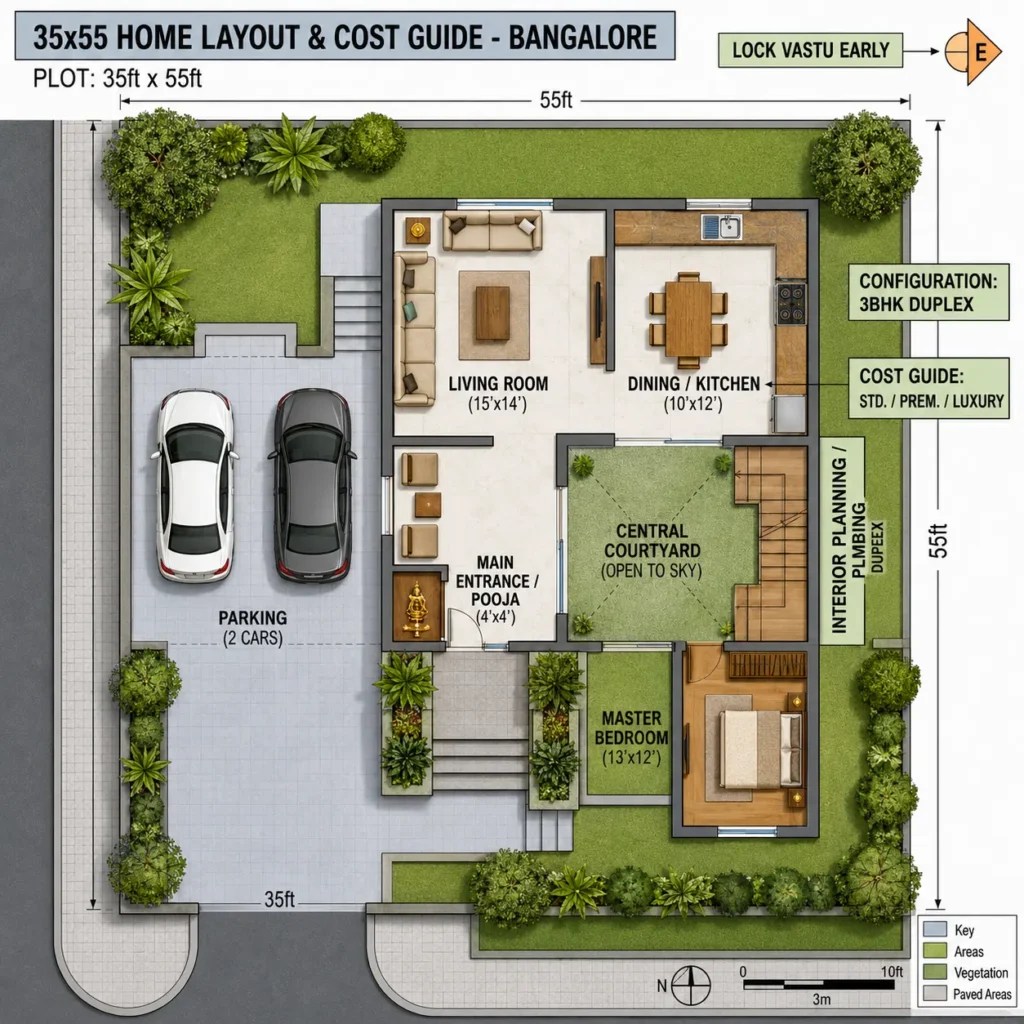 35x55 home design Bangalore floor plan with 3BHK duplex layout, parking, courtyard, kitchen and Vastu planning