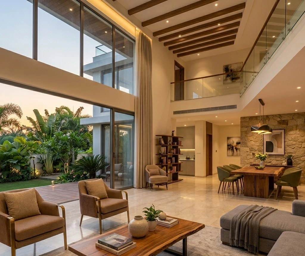 Luxury villa interior design in Devanahalli with double-height living room, dining area, staircase and floor-to-ceiling windows