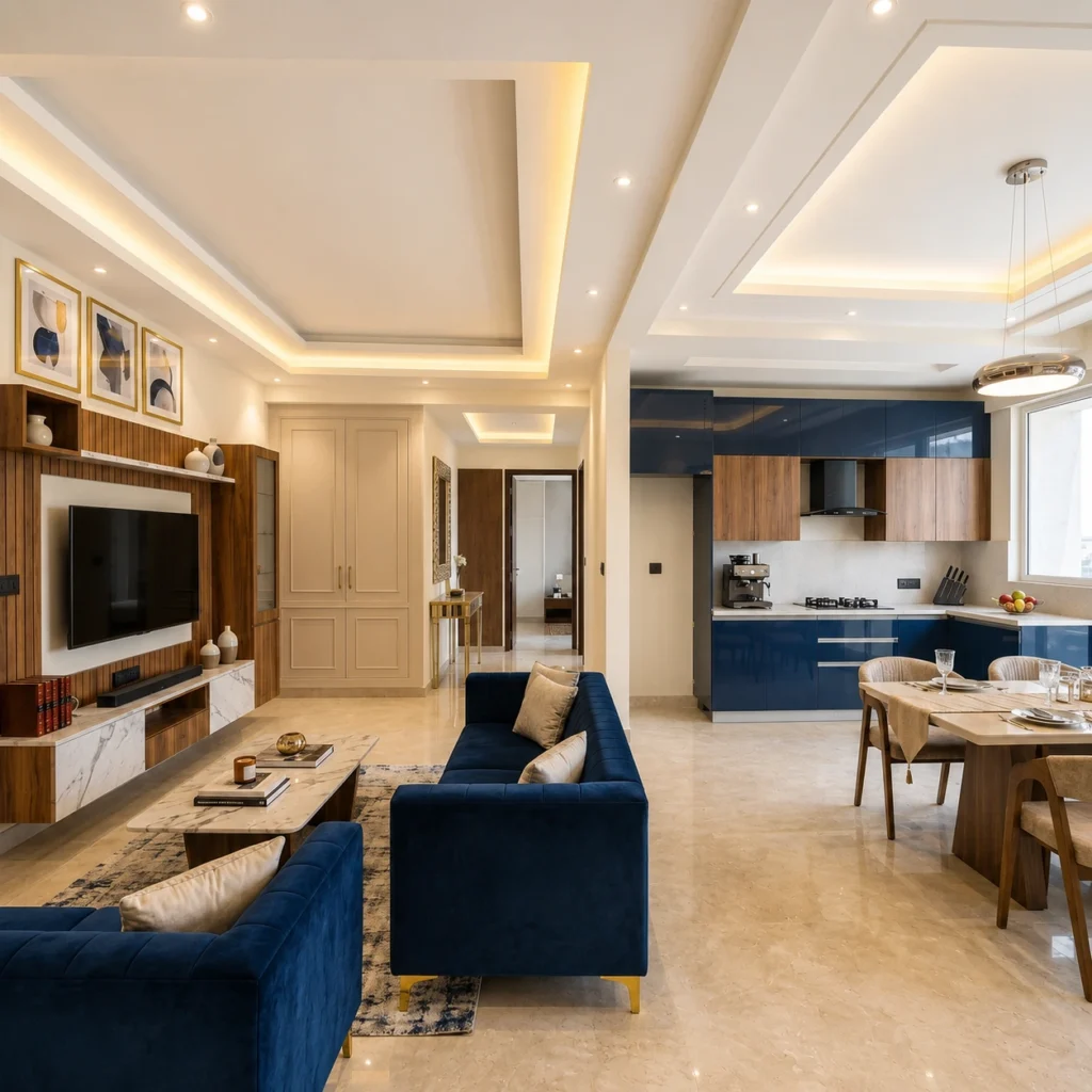 Modern 3BHK interior cost Bangalore example with modular kitchen, dining area, living room, wooden finishes, false ceiling, and premium apartment interiors in Whitefield and Sarjapur