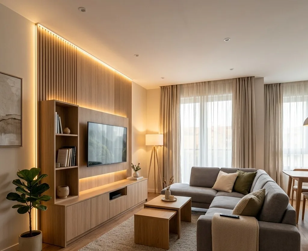 Modern living room interior design in a Bangalore 3BHK apartment with wooden TV unit, LED wall panel, comfortable sofa, and warm ambient lighting
