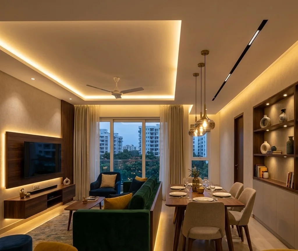 Premium living and dining room interior design in a Bangalore 3BHK apartment with false ceiling, cove lighting, dining table, TV unit, and modern furniture