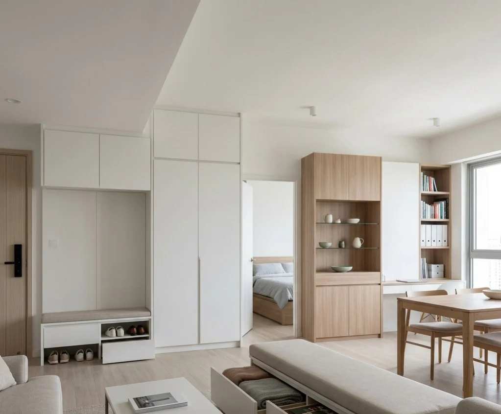 Smart storage solutions in a Bangalore 3BHK apartment with floor-to-ceiling wardrobes, built-in cabinets, study unit, and space-saving furniture