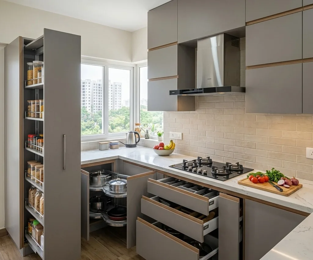 Modern modular kitchen design in a Bangalore 3BHK apartment with tall pantry unit, soft-close drawers, corner storage, quartz countertop, and built-in chimney