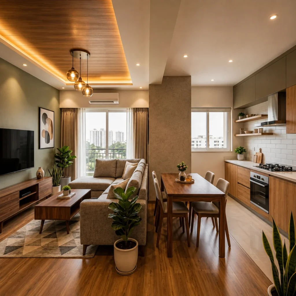 2 BHK interior design with living room dining area and modular kitchen in Bangalore
