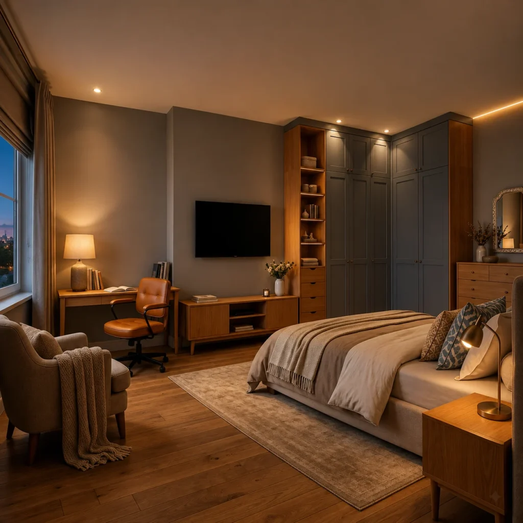 3BHK bedroom interior design in Sarjapur with wardrobe and study area