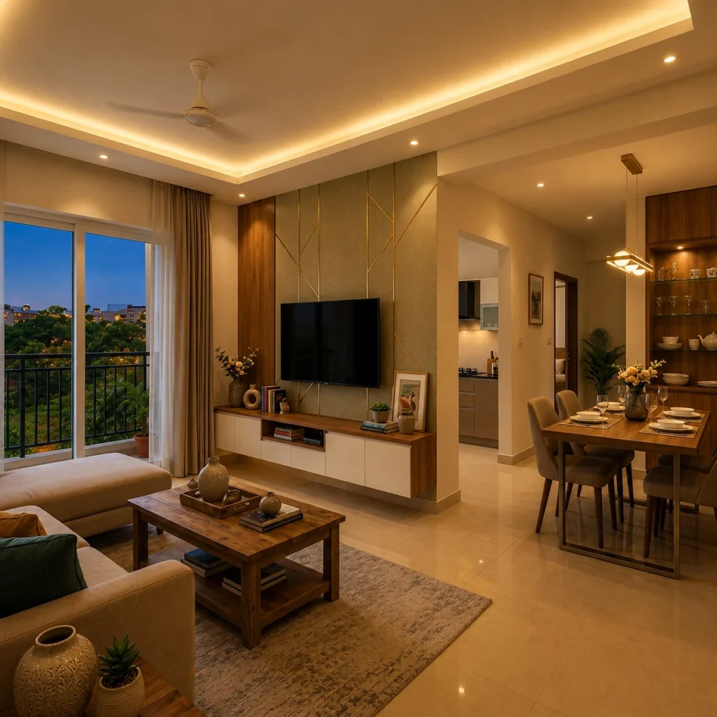3BHK living room interior design in Sarjapur with TV unit and dining area