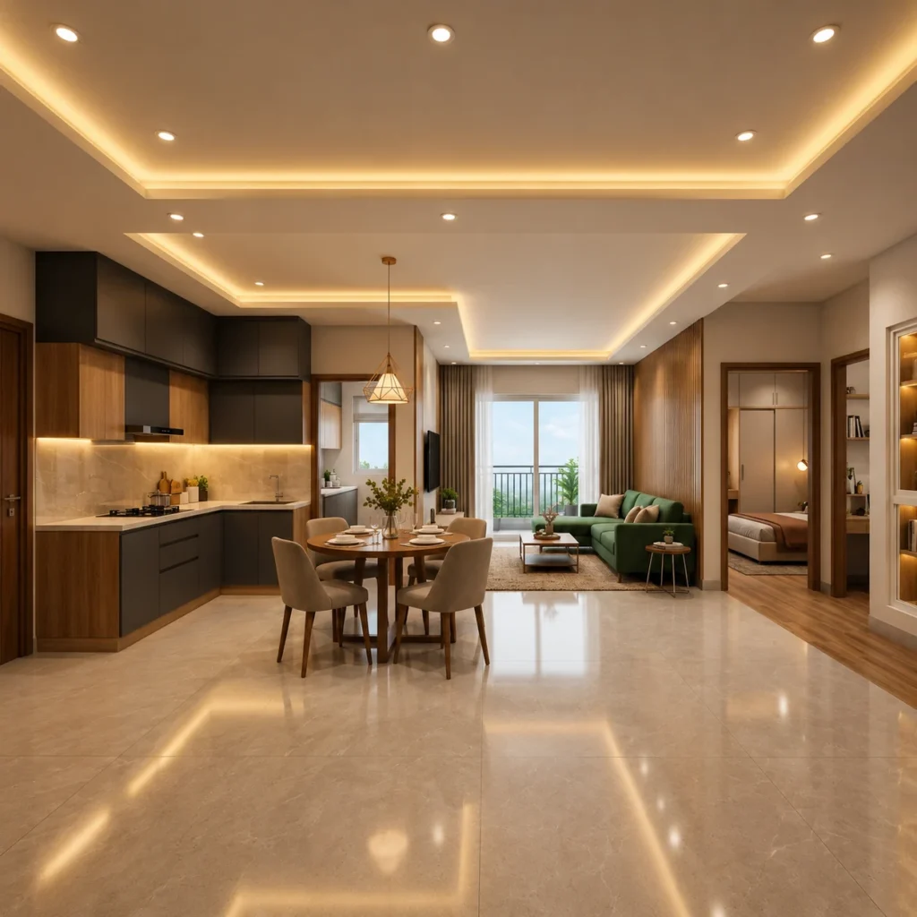 Modern apartment interior design with kitchen living and dining area in Bangalore