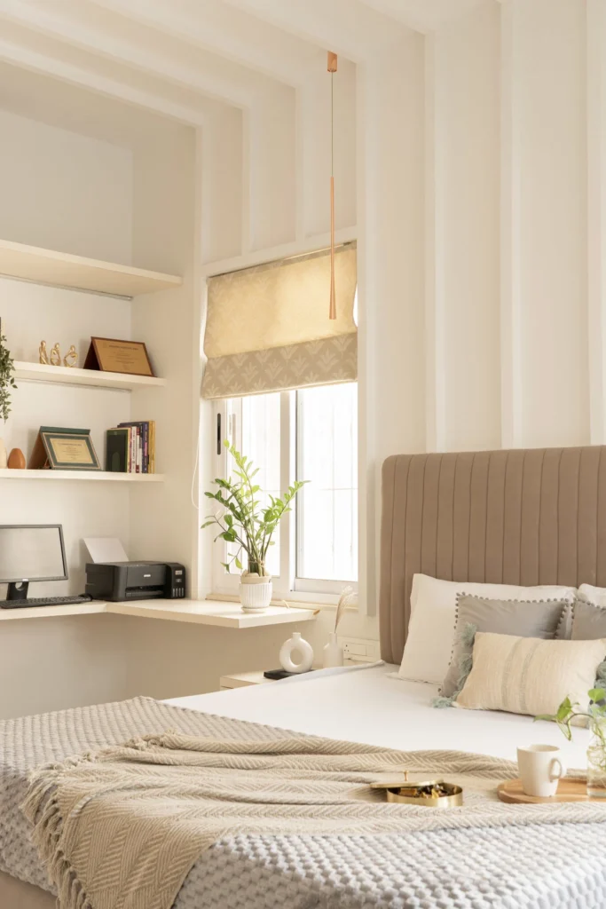 Serene Haven master bedroom interior with custom study area by House of Crea