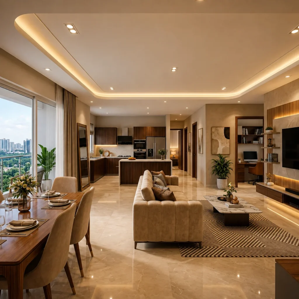 Luxury apartment interior design with living dining and modular kitchen in Bangalore