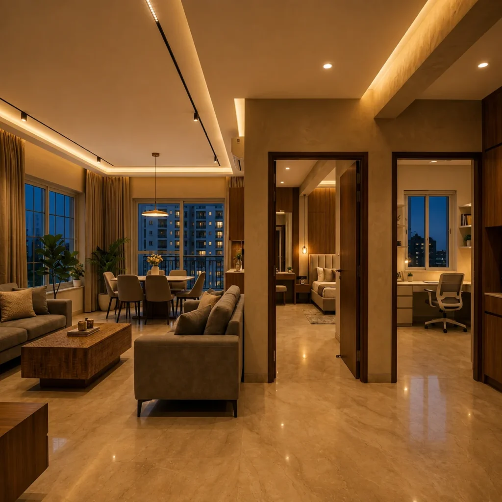 Modern apartment interior design in Sarjapur with living room and home office