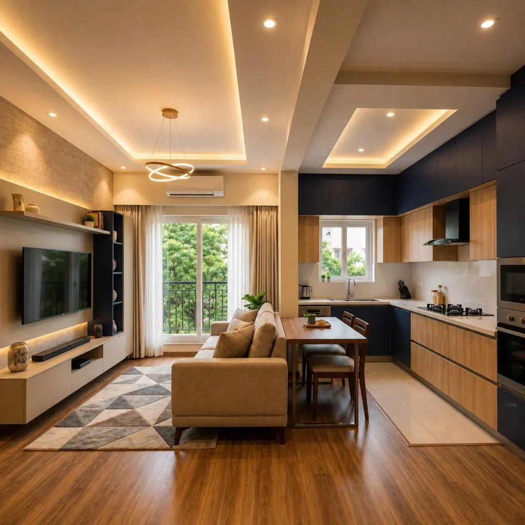 Modern bedroom interior design with custom study area in Bangalore