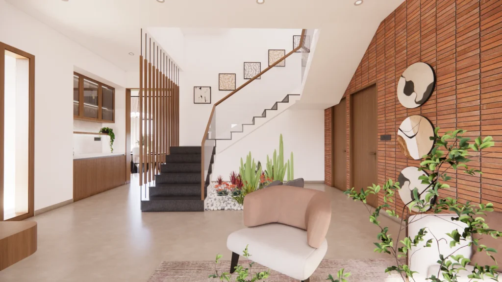 Modern villa interior design in Sarjapur Road with staircase and spacious living area
