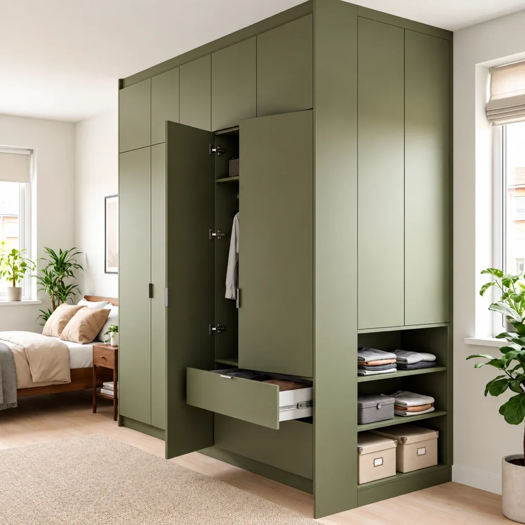 Floor-to-ceiling wardrobe design with matte laminate shutters and built-in storage compartments