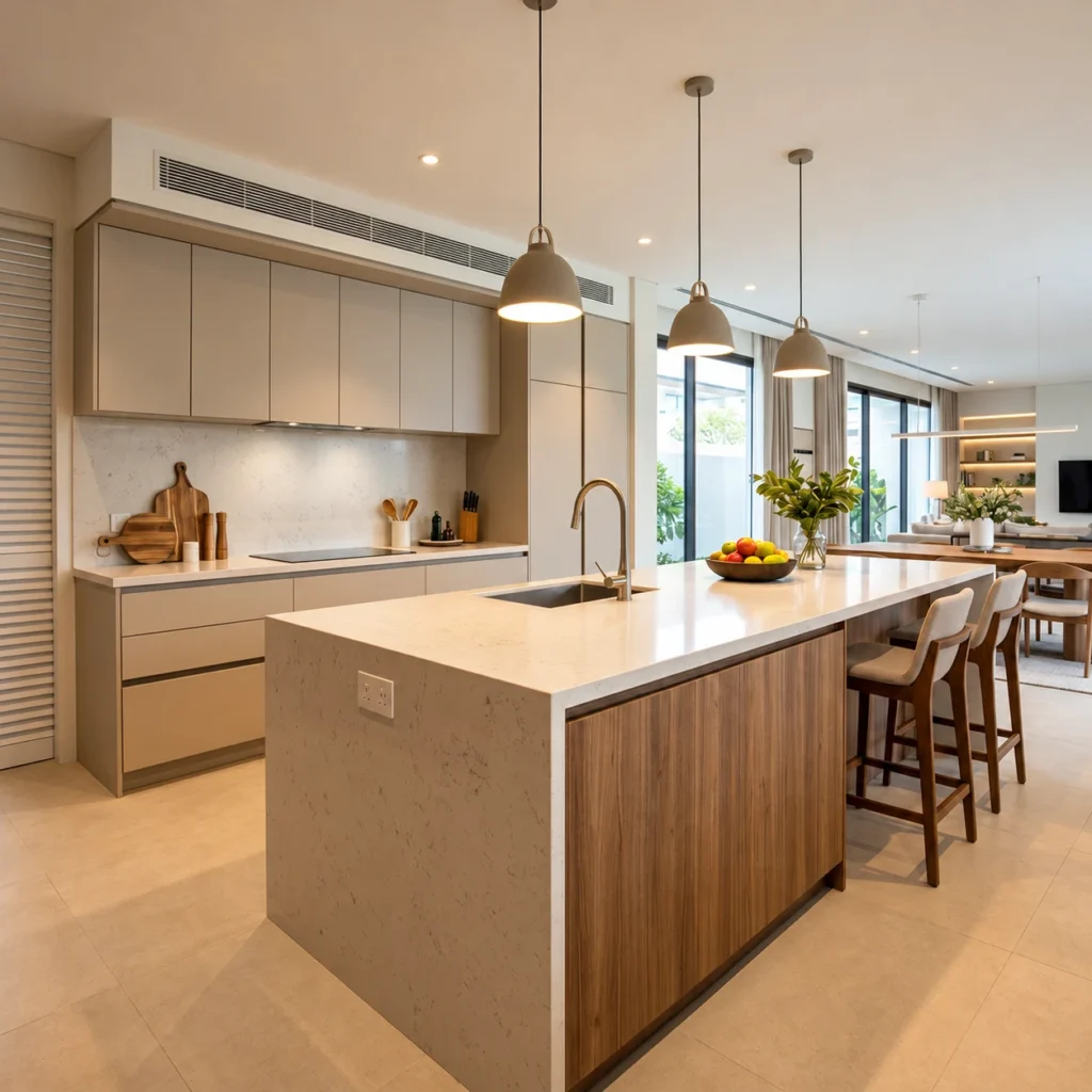 Modern island modular kitchen with beige cabinets, a white quartz countertop and wooden island panels