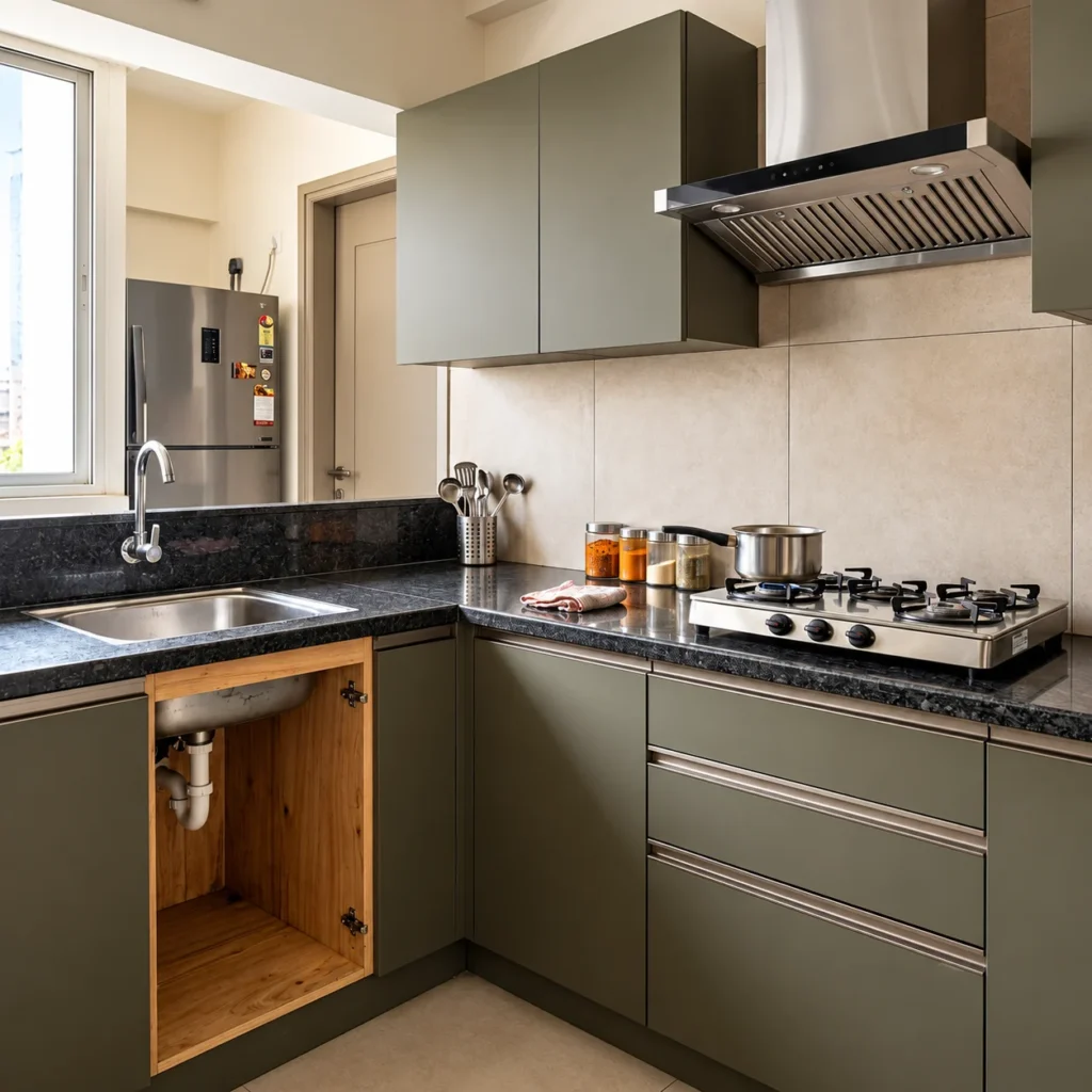 Low-maintenance modular kitchen with matte cabinets, granite countertop and easy-to-clean backsplash
