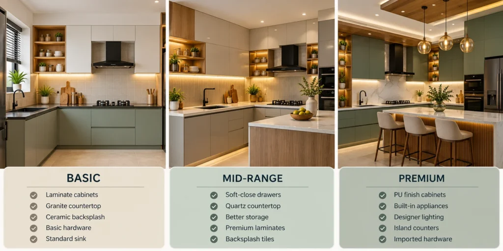 Basic, mid-range and premium modular kitchen designs with different finishes and storage options