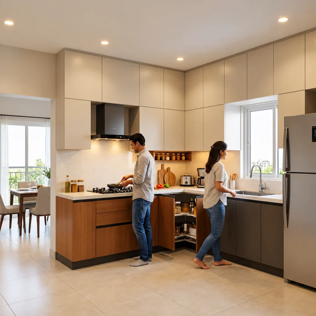 Couple using a modern modular kitchen with beige cabinets and wood-finish drawers