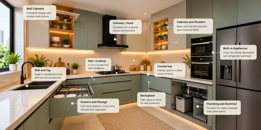 Modular kitchen components including cabinets, countertop, sink, hob and built-in appliances