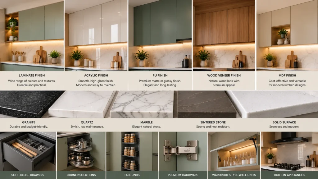 Modular kitchen cabinet finishes and countertop materials including laminate, acrylic, PU, granite and quartz