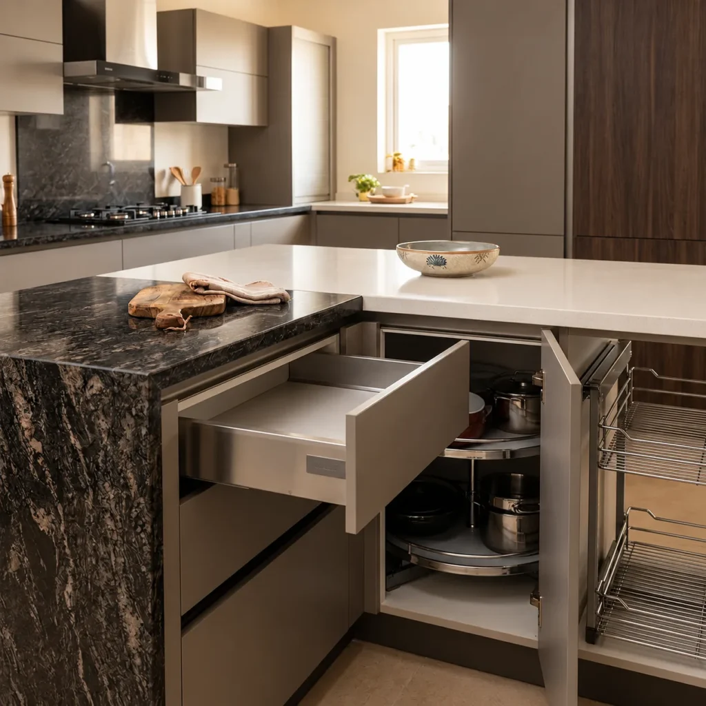 Modular kitchen with pull-out drawers, rotating corner storage and dark stone countertops
