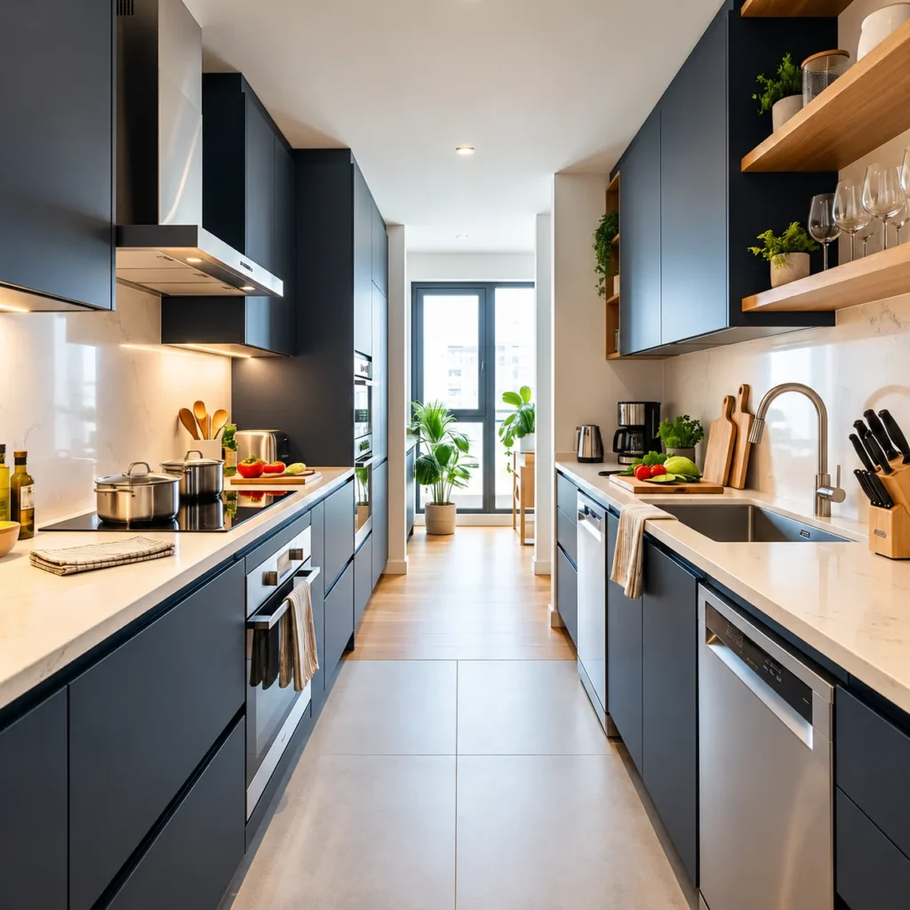 Parallel modular kitchen with navy cabinets, white countertops and built-in appliances