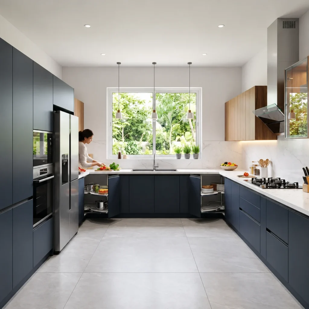 U-shaped modular kitchen with navy-blue cabinets, white countertops and built-in appliances